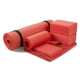 BalanceFrom 7 Piece Yoga Set, with Mat & Towel, Home Workout Equipment, Red